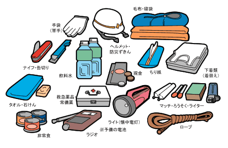 (イラスト)非常持ち出し品の例