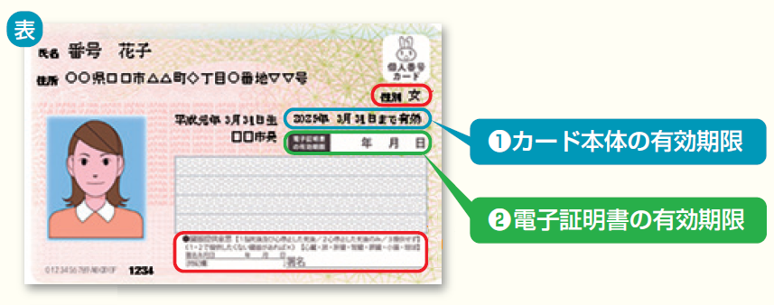 個人番号カード表面。右側にカード本体と電子証明書の有効期限が記載されています