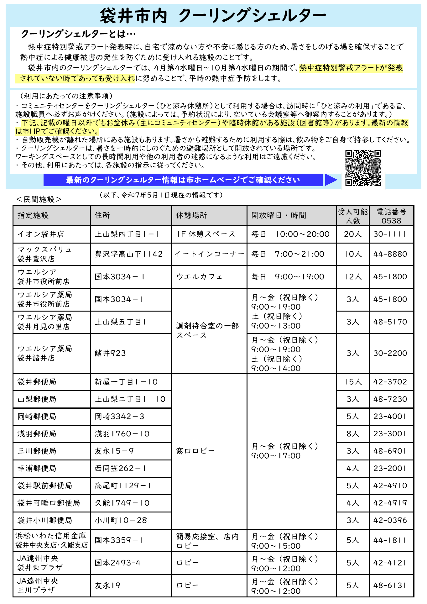 袋井市内クーリングシェルター(令和7年5月1日現在)A4・表