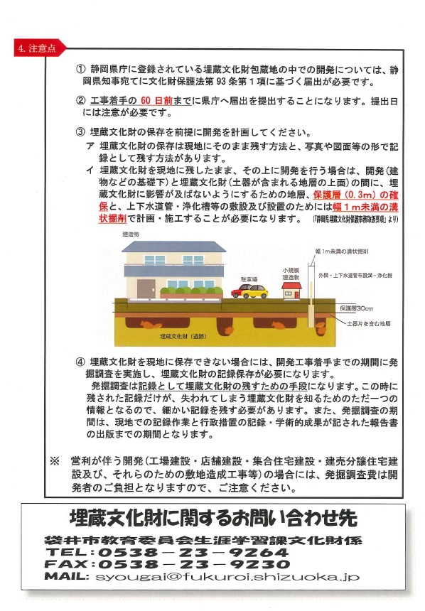 埋蔵文化財の有無を確認する際の流れを図化したもので連絡先の記載あり